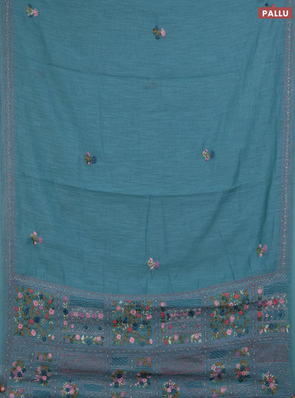 Khadi linen cotton saree teal green with floral embroidery buttas and kantha stitch work pallu & border