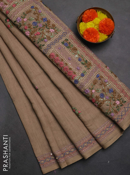 Khadi linen cotton saree sandal with floral embroidery buttas and kantha stitch work pallu & border