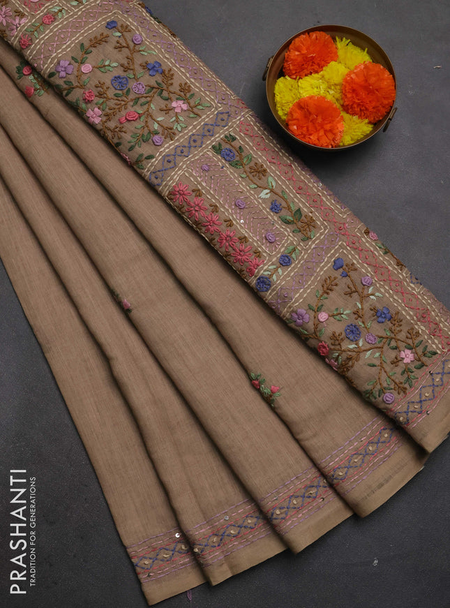 Khadi linen cotton saree sandal with floral embroidery buttas and kantha stitch work pallu & border