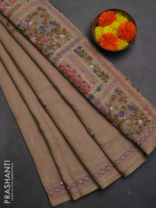 Khadi linen cotton saree sandal with floral embroidery buttas and kantha stitch work pallu & border