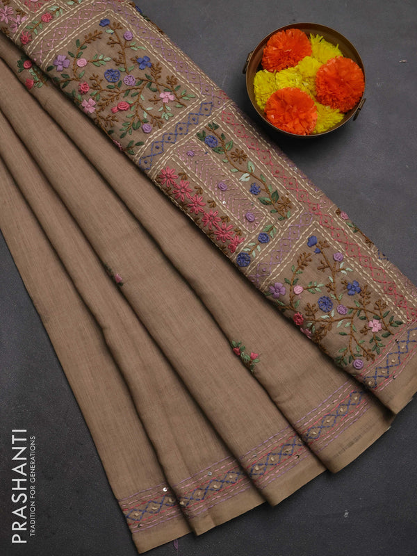 Khadi linen cotton saree sandal with floral embroidery buttas and kantha stitch work pallu & border