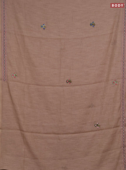 Khadi linen cotton saree sandal with floral embroidery buttas and kantha stitch work pallu & border
