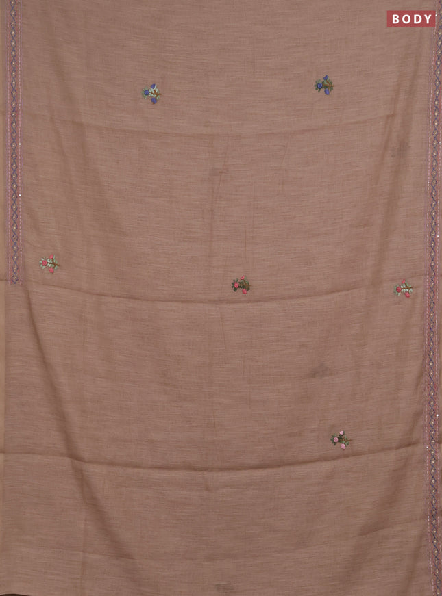 Khadi linen cotton saree sandal with floral embroidery buttas and kantha stitch work pallu & border