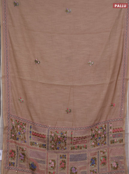 Khadi linen cotton saree sandal with floral embroidery buttas and kantha stitch work pallu & border