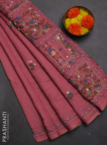 Khadi linen cotton saree peach pink with floral embroidery buttas and kantha stitch work pallu & border