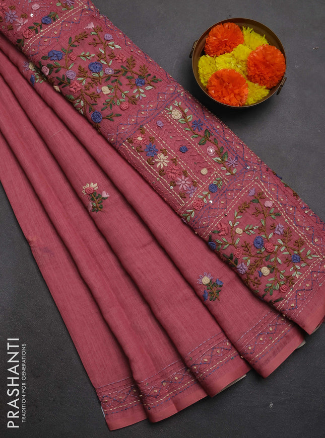 Khadi linen cotton saree peach pink with floral embroidery buttas and kantha stitch work pallu & border