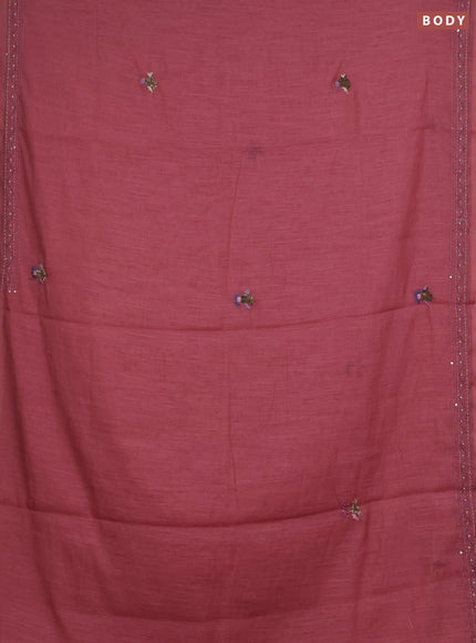 Khadi linen cotton saree peach pink with floral embroidery buttas and kantha stitch work pallu & border