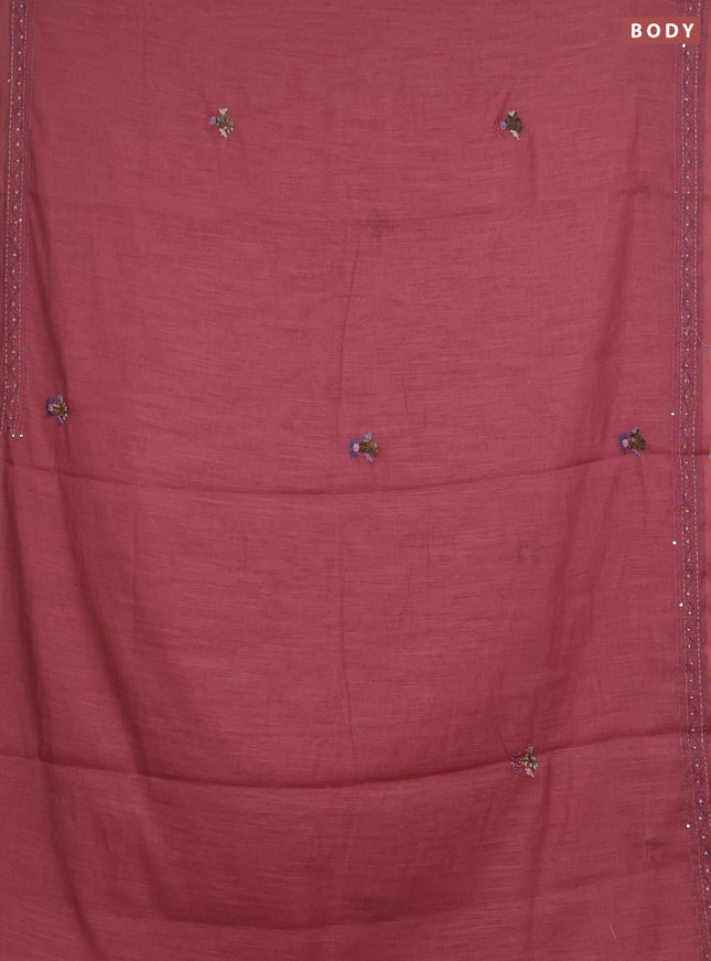 Khadi linen cotton saree peach pink with floral embroidery buttas and kantha stitch work pallu & border
