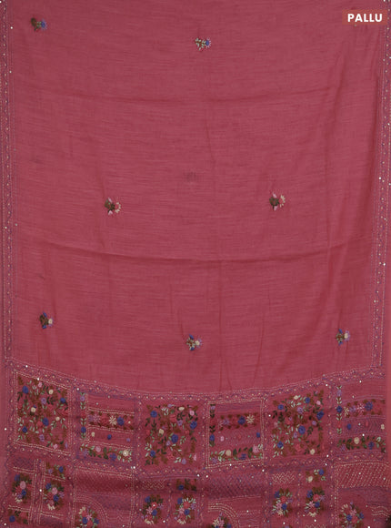 Khadi linen cotton saree peach pink with floral embroidery buttas and kantha stitch work pallu & border