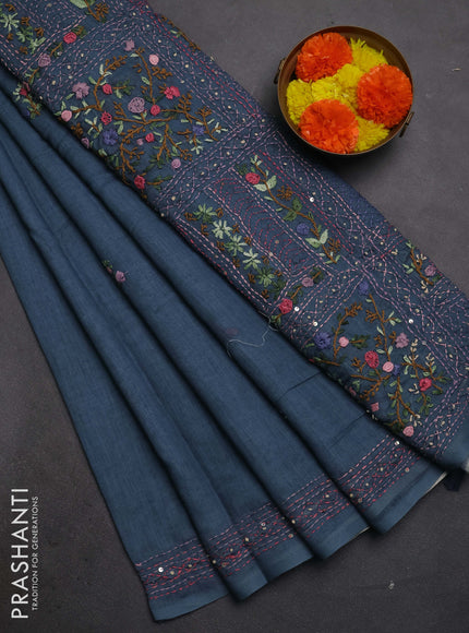 Khadi linen cotton saree bluish grey with floral embroidery buttas and kantha stitch work pallu & border