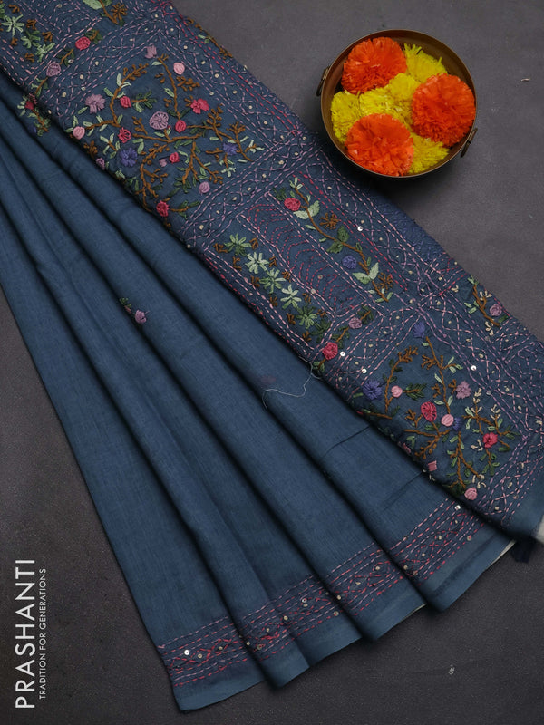 Khadi linen cotton saree bluish grey with floral embroidery buttas and kantha stitch work pallu & border