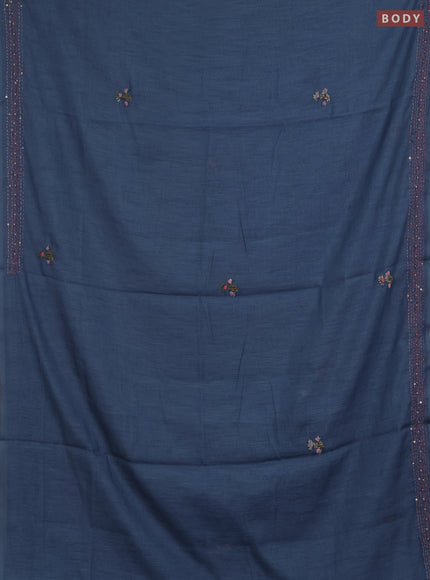 Khadi linen cotton saree bluish grey with floral embroidery buttas and kantha stitch work pallu & border