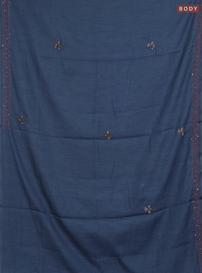 Khadi linen cotton saree bluish grey with floral embroidery buttas and kantha stitch work pallu & border