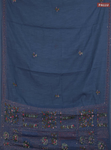 Khadi linen cotton saree bluish grey with floral embroidery buttas and kantha stitch work pallu & border