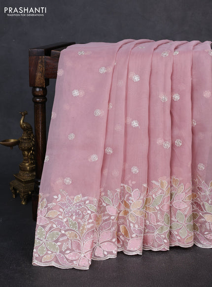 Organza saree pastel pink with embroidery sequin buttas and floral sequin embroidery border