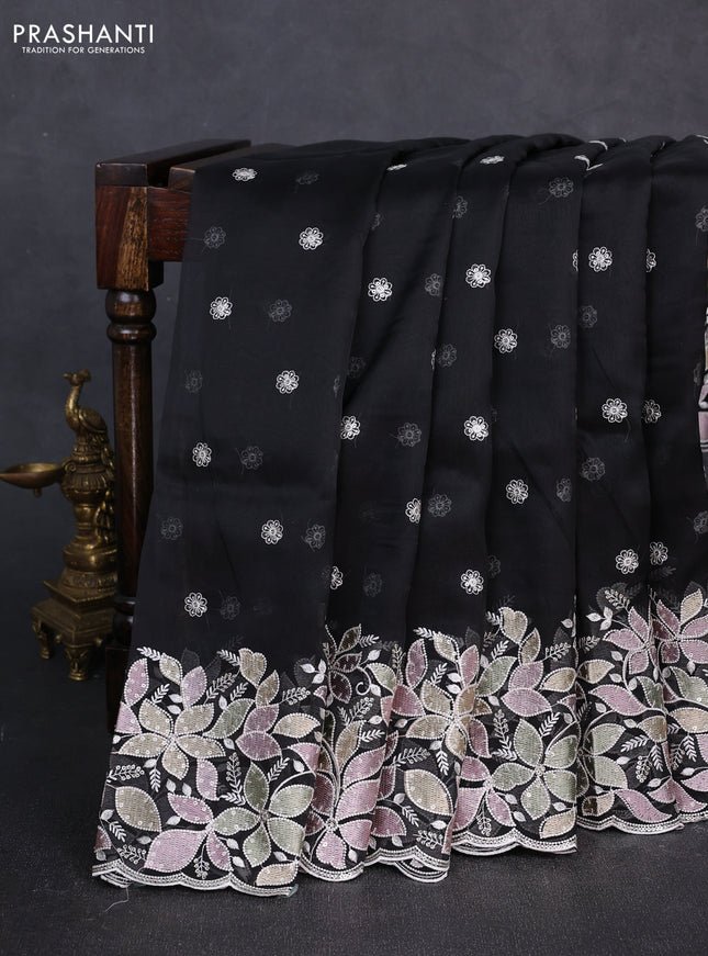 Organza saree black with embroidery sequin buttas and floral sequin embroidery border