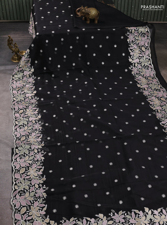 Organza saree black with embroidery sequin buttas and floral sequin embroidery border