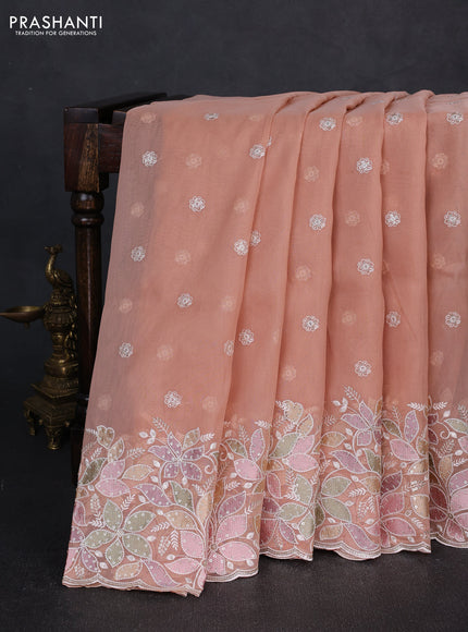 Organza saree pastel peach with embroidery sequin buttas and floral sequin embroidery border
