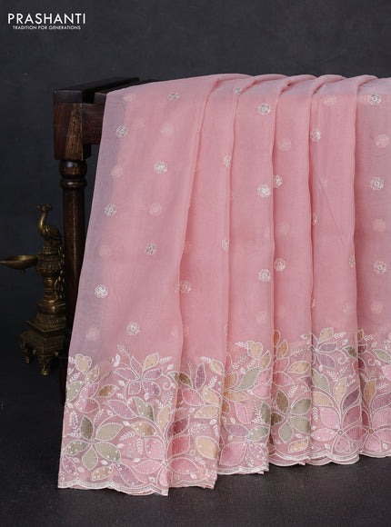 Organza saree baby pink with embroidery sequin buttas and floral sequin embroidery border