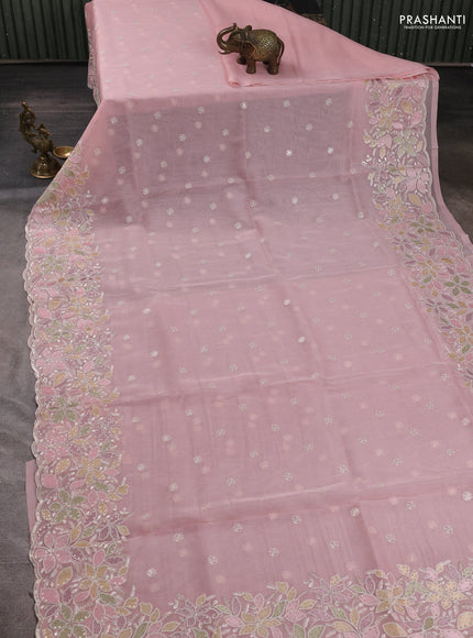 Organza saree baby pink with embroidery sequin buttas and floral sequin embroidery border