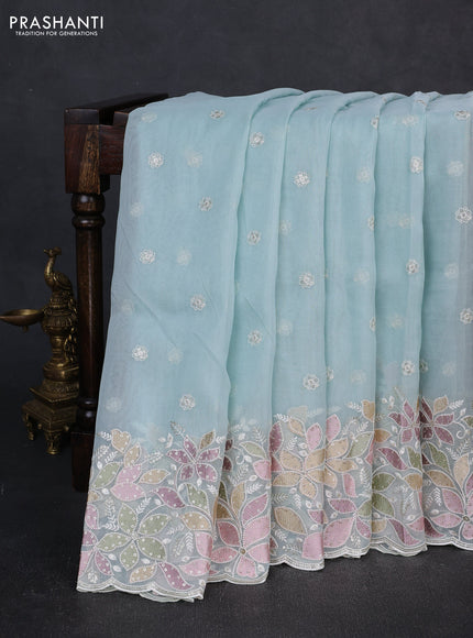 Organza saree light blue with embroidery sequin buttas and floral sequin embroidery border