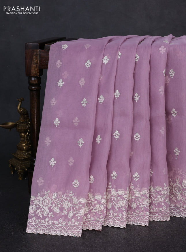 Organza saree lavender with embroidery buttas and embroidery border