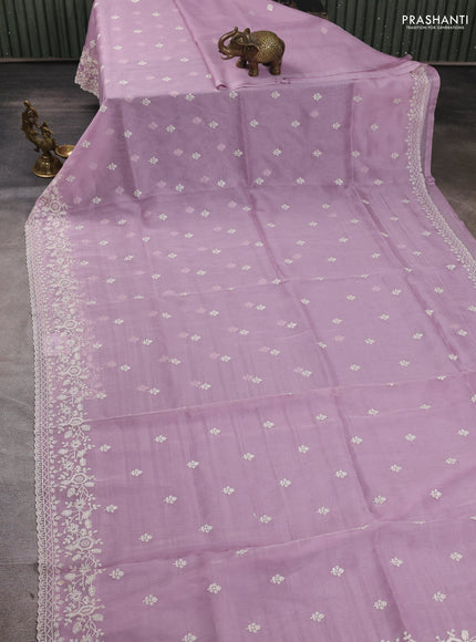 Organza saree lavender with embroidery buttas and embroidery border