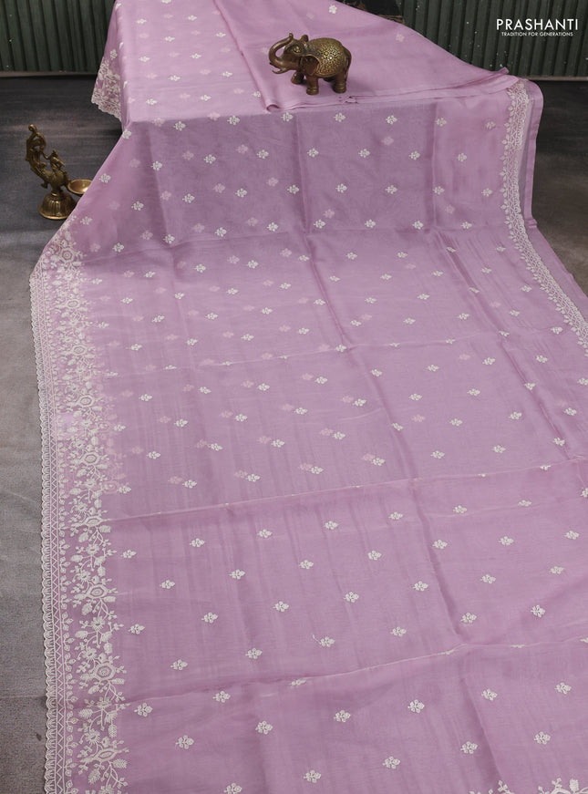 Organza saree lavender with embroidery buttas and embroidery border