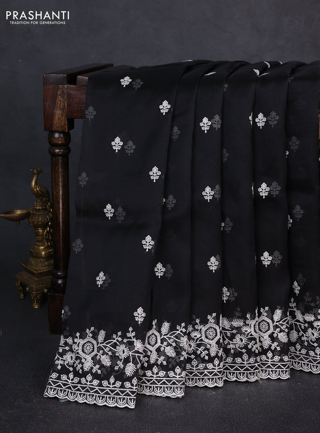 Organza saree black with embroidery buttas and embroidery border