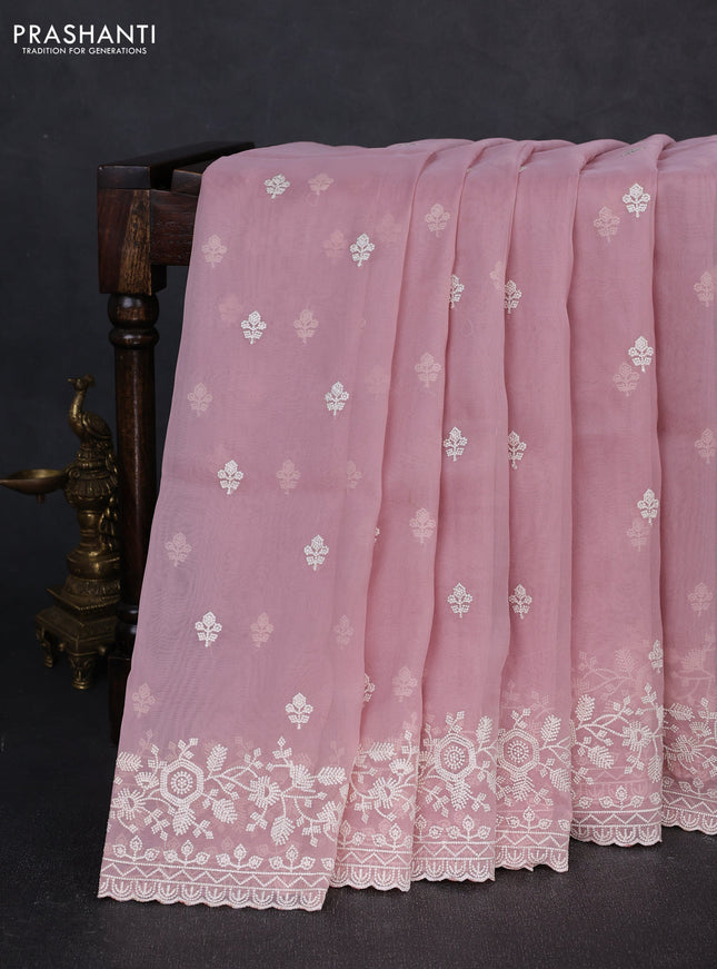 Organza saree pastel pink with embroidery buttas and embroidery border