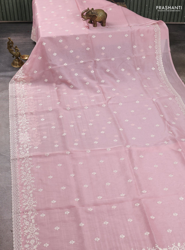 Organza saree pastel pink with embroidery buttas and embroidery border