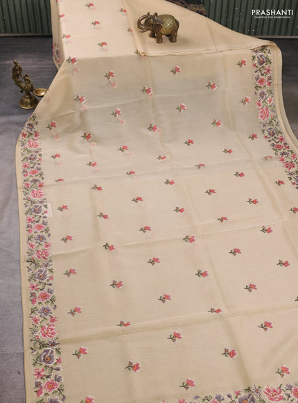 Organza saree beige with embroidery buttas and convent embroidery border