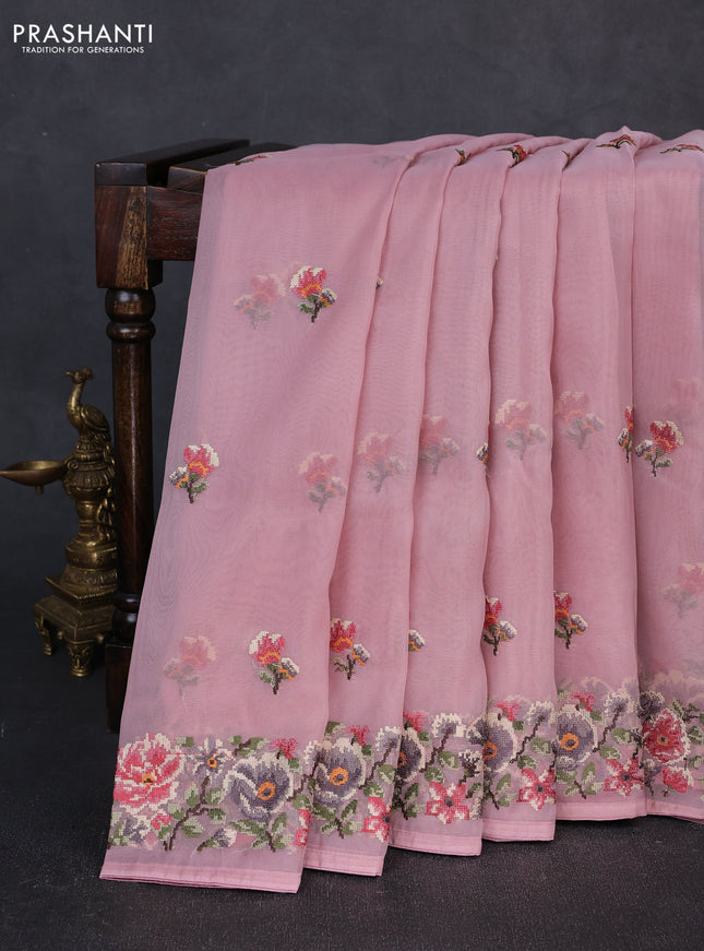 Organza saree pastel pink with embroidery buttas and convent embroidery border