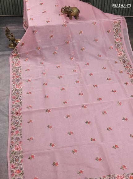 Organza saree pastel pink with embroidery buttas and convent embroidery border