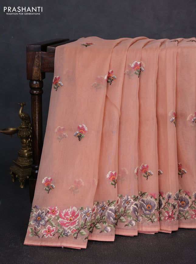 Organza saree pastel peach with embroidery buttas and convent embroidery border