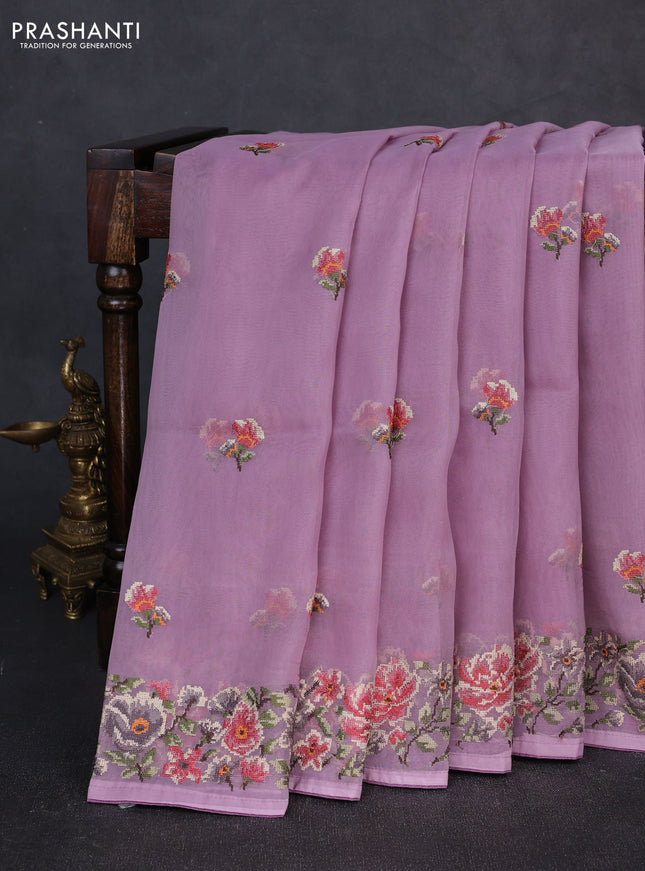 Organza saree lavender with embroidery buttas and convent embroidery border