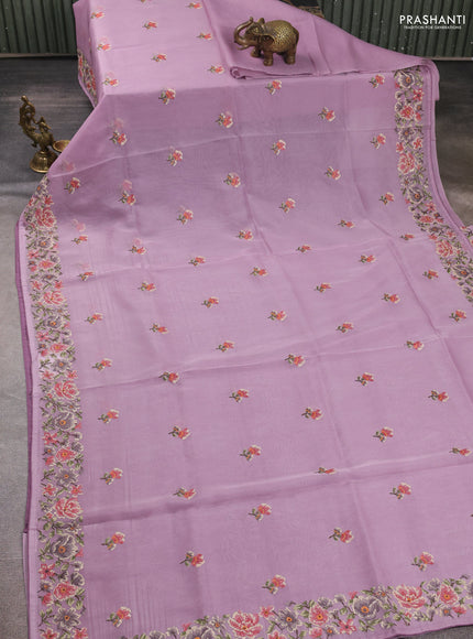 Organza saree lavender with embroidery buttas and convent embroidery border