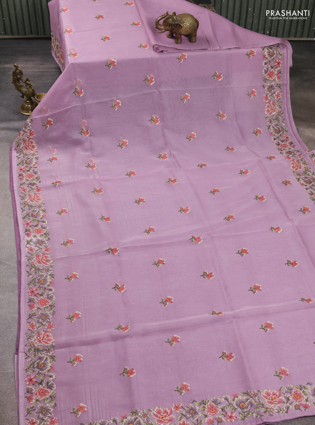 Organza saree lavender with embroidery buttas and convent embroidery border