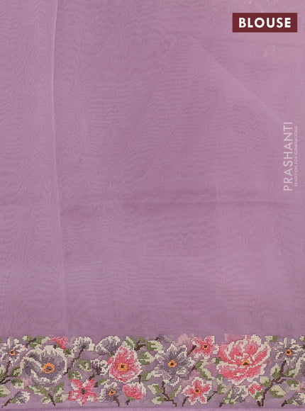 Organza saree lavender with embroidery buttas and convent embroidery border