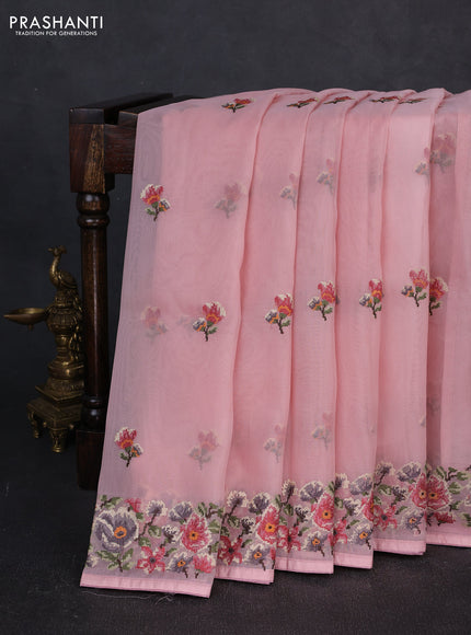 Organza saree peach pink with embroidery buttas and convent embroidery border
