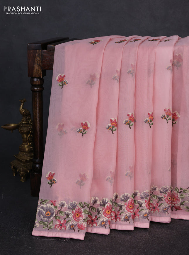 Organza saree peach pink with embroidery buttas and convent embroidery border