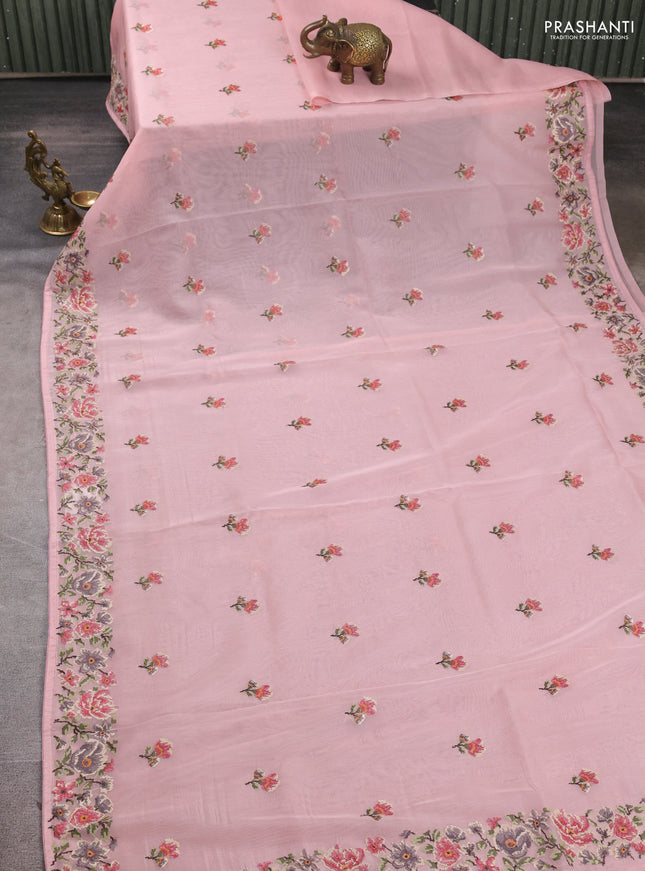 Organza saree peach pink with embroidery buttas and convent embroidery border