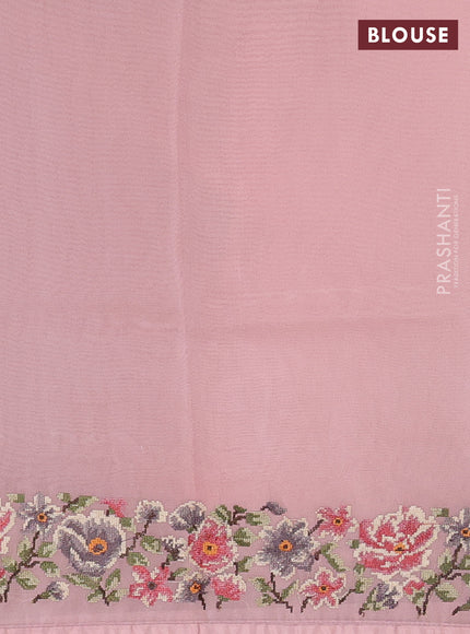Organza saree peach pink with embroidery buttas and convent embroidery border