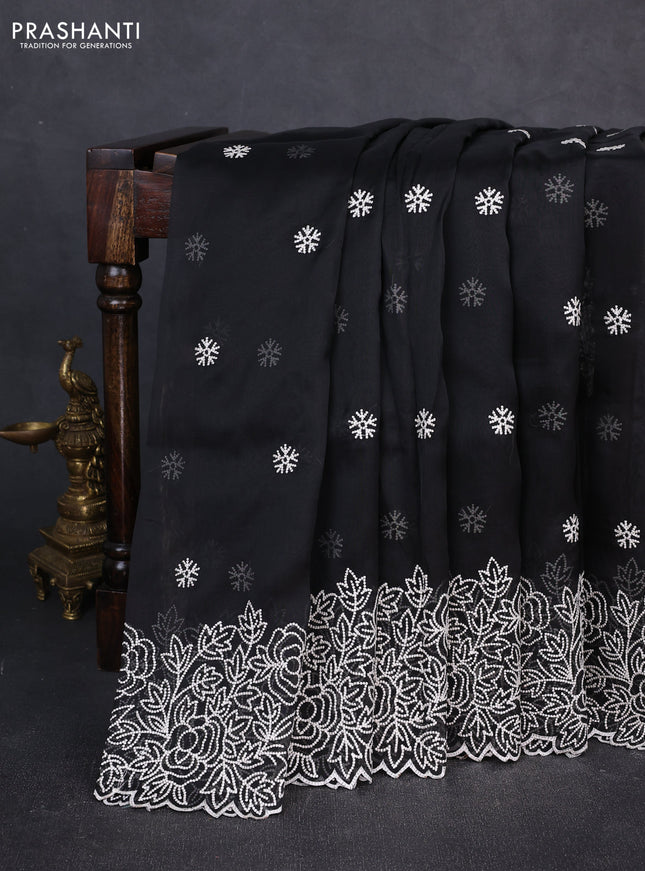 Organza saree black with embroidery buttas and floral embroidery border
