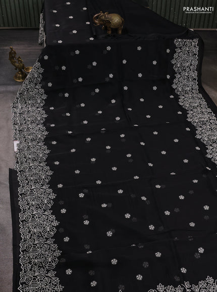 Organza saree black with embroidery buttas and floral embroidery border