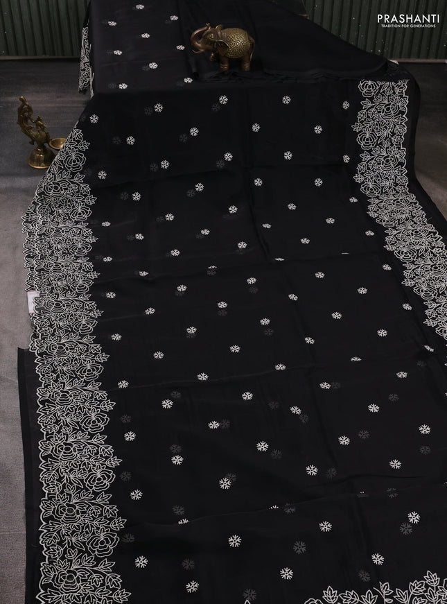 Organza saree black with embroidery buttas and floral embroidery border