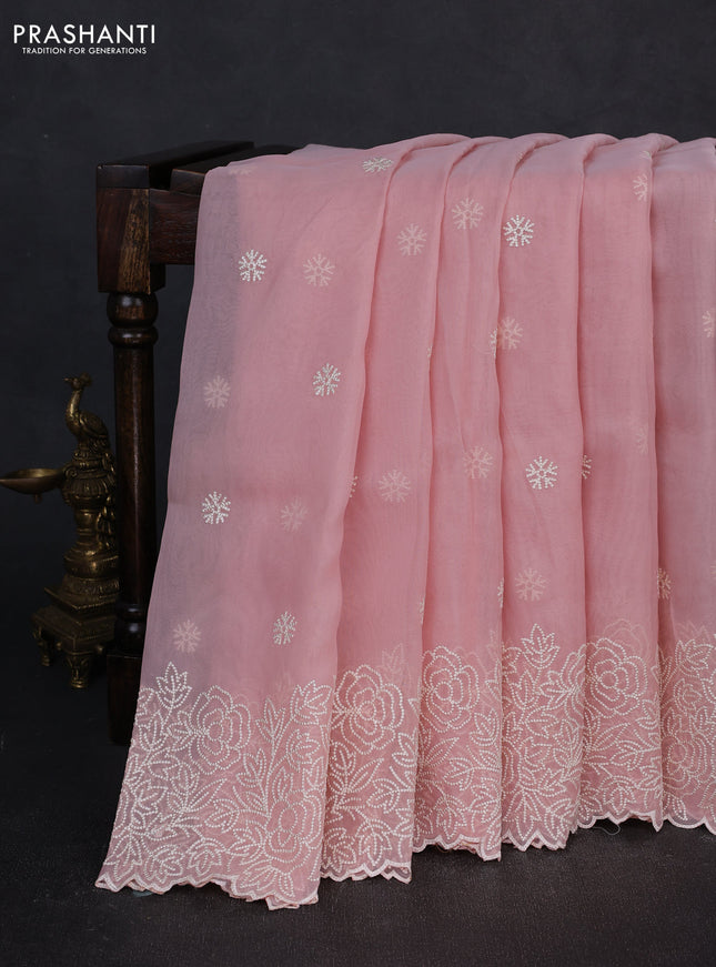 Organza saree light pink with embroidery buttas and floral embroidery border