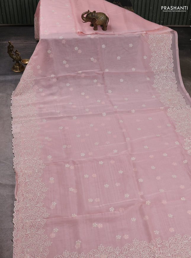 Organza saree light pink with embroidery buttas and floral embroidery border