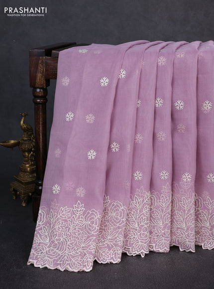 Organza saree pastel purple with embroidery buttas and floral embroidery border