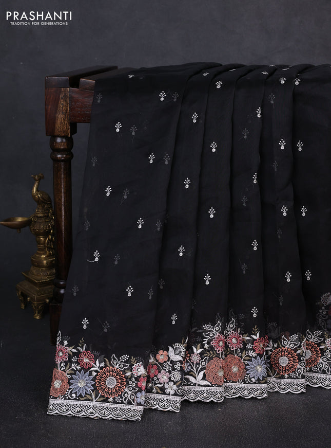 Organza saree black with embroidery buttas and embroidery border